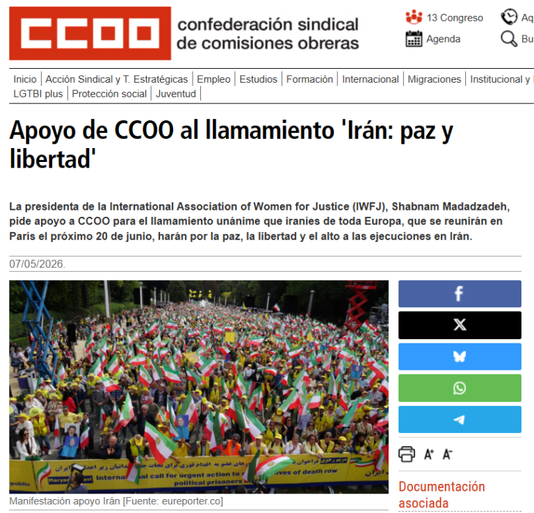 CCOO difunde la convocatoria de la marcha “Irán: paz y libertad” en París